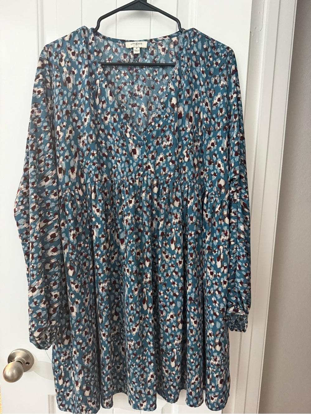 Umgee Teal Print Long Sleeve Dress